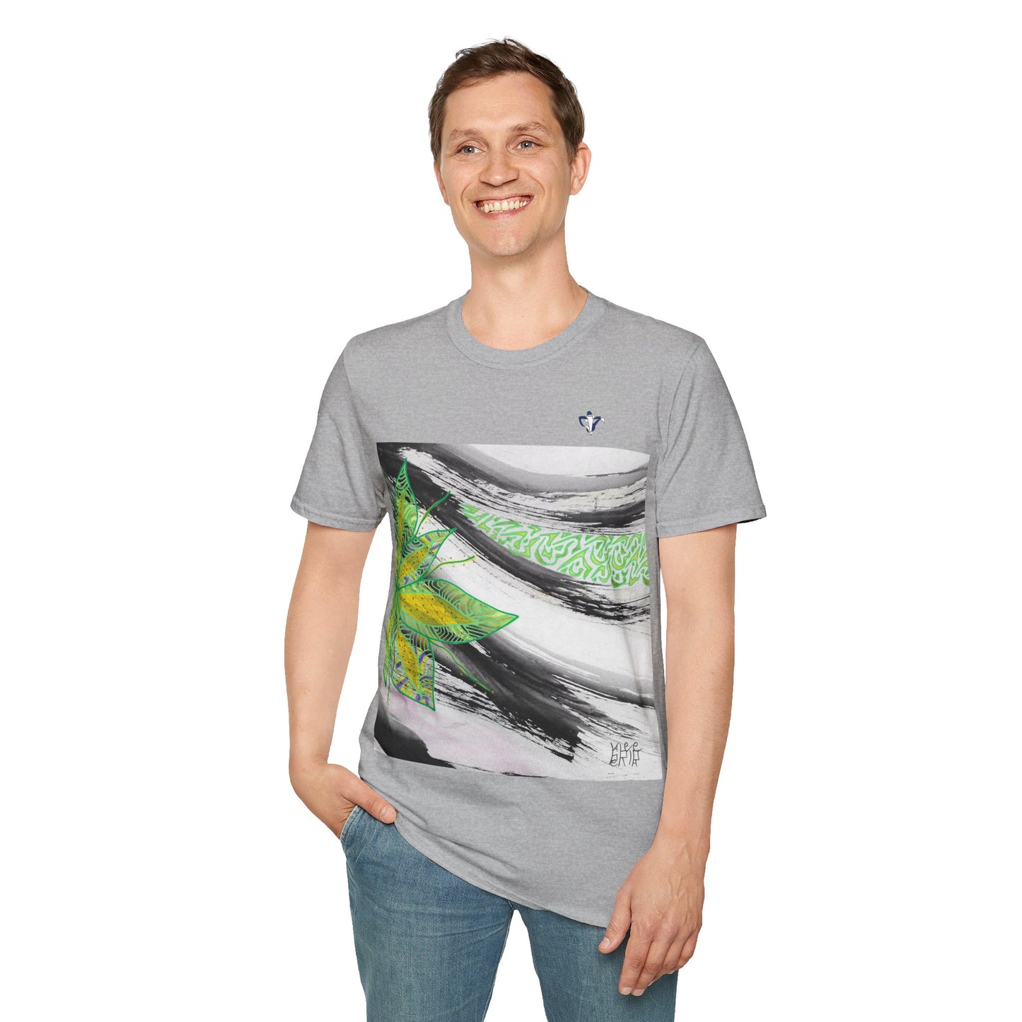 T-Shirt adulte mixte Fleur verte et jaune Personnalisation FACE et MANCHE