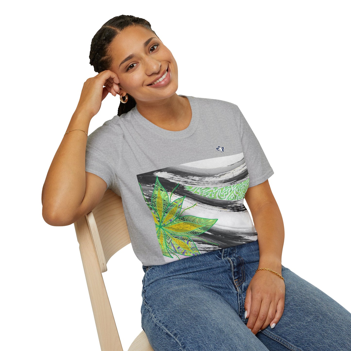 T-Shirt adulte mixte Fleur verte et jaune Personnalisation FACE et MANCHE