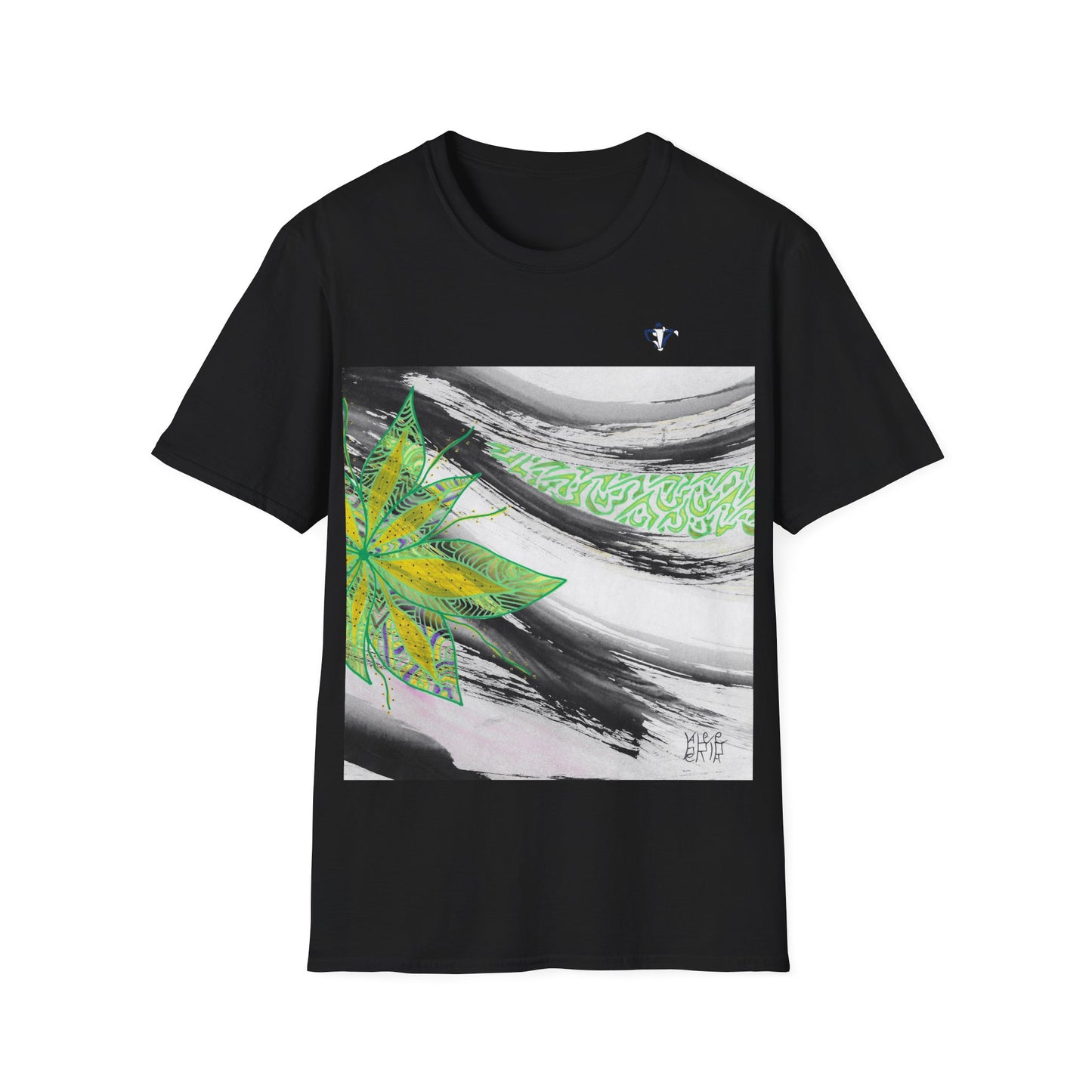 T-Shirt adulte mixte Fleur verte et jaune Personnalisation FACE et MANCHE