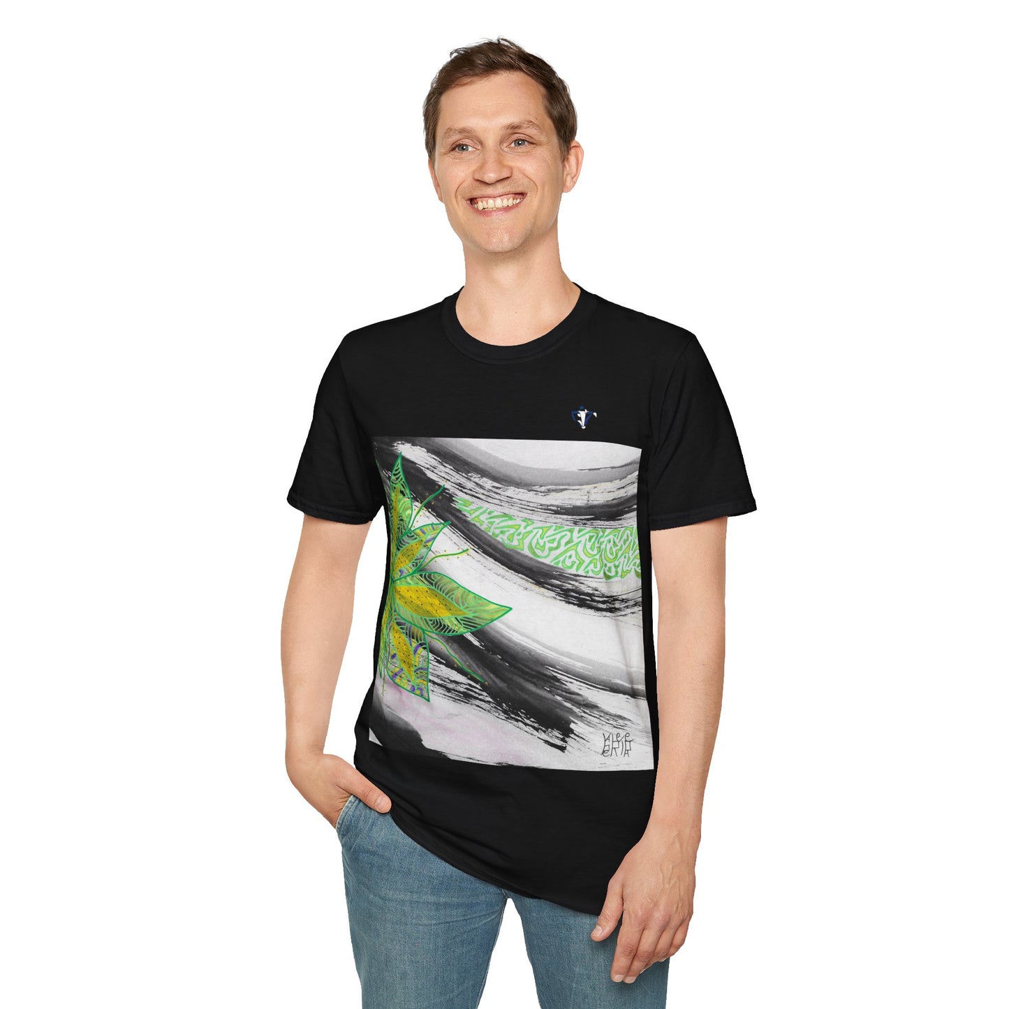 T-Shirt adulte mixte Fleur verte et jaune Personnalisation FACE et MANCHE