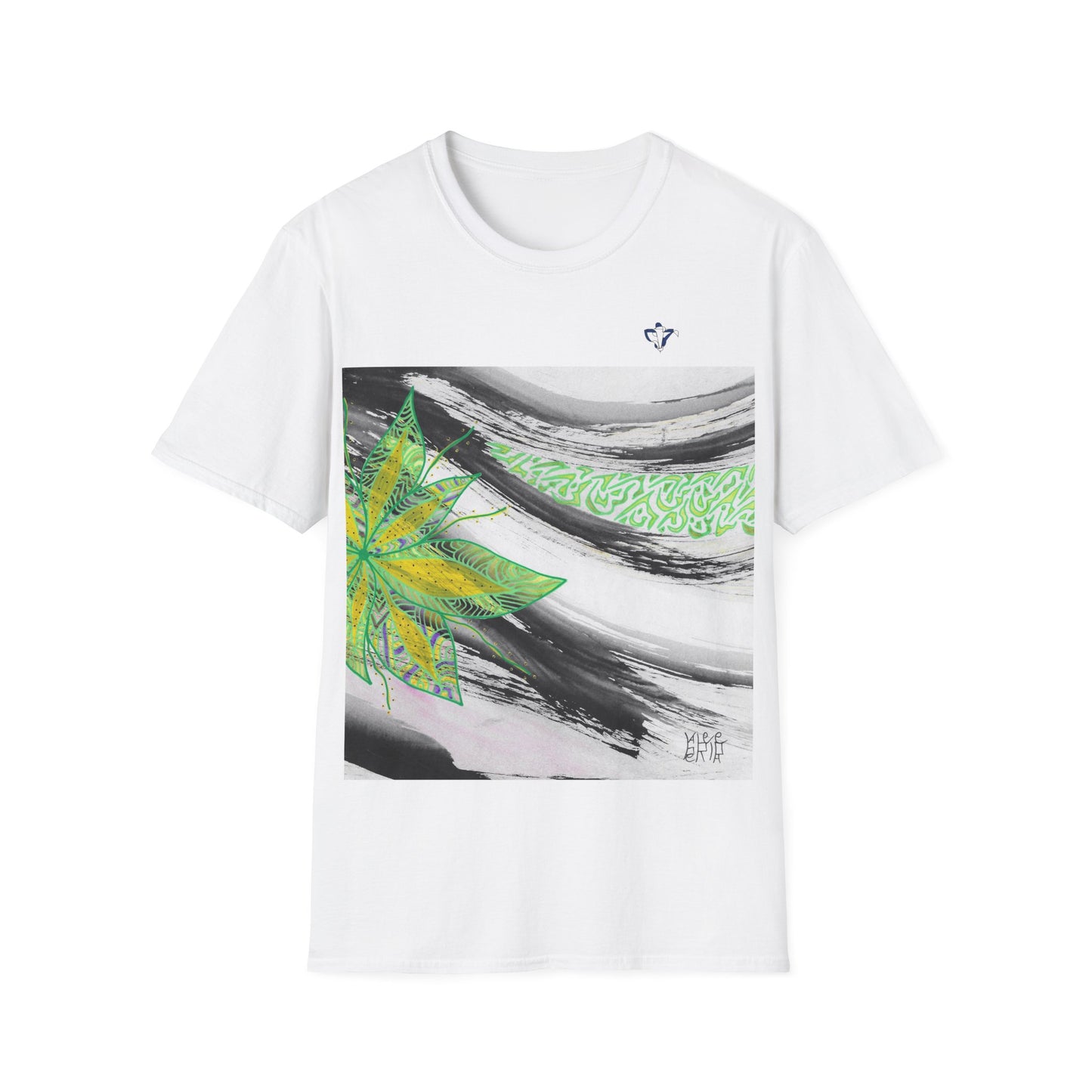 T-Shirt adulte mixte Fleur verte et jaune Personnalisation FACE et MANCHE