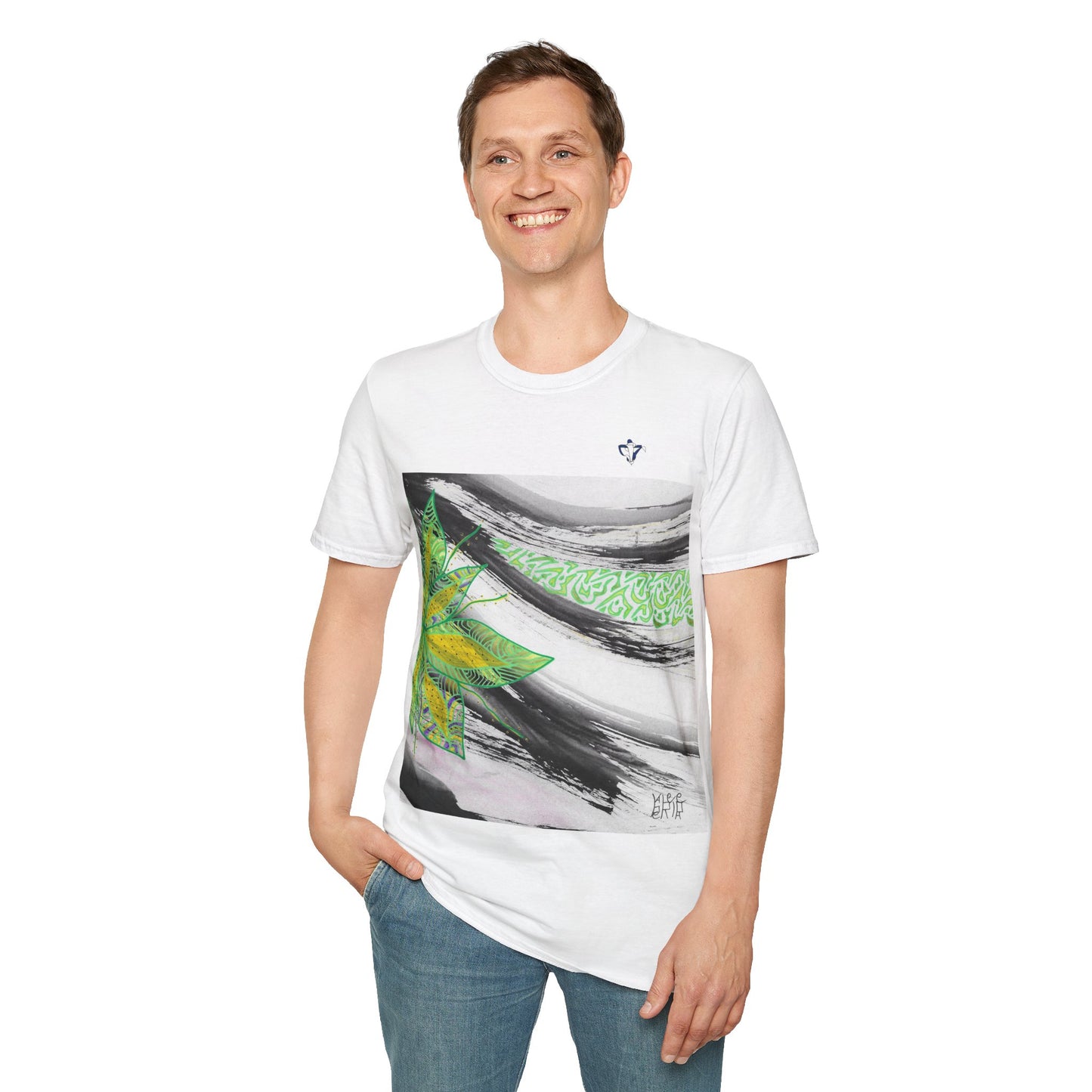 T-Shirt adulte mixte Fleur verte et jaune Personnalisation FACE et MANCHE