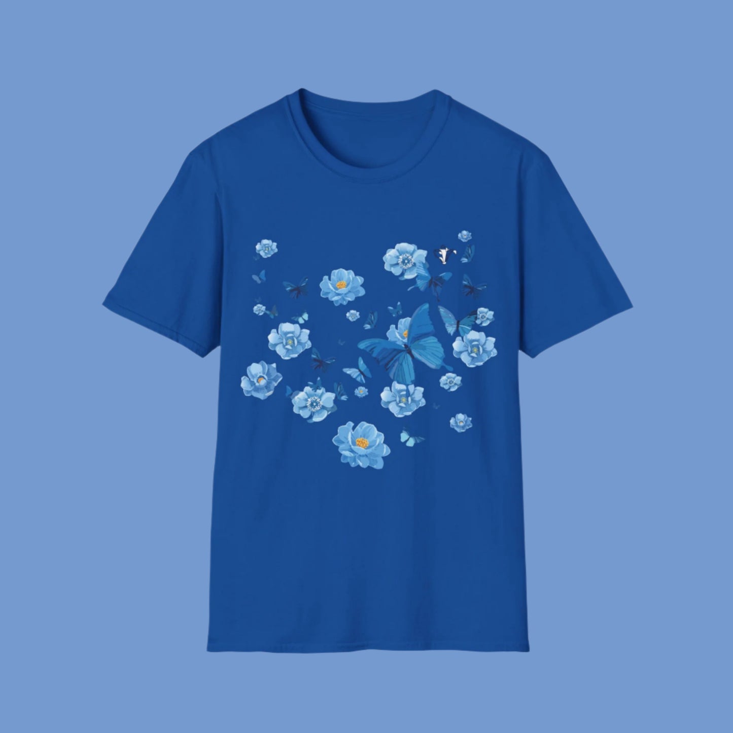 T-Shirt adulte mixte Fleurs et papillons bleus Personnalisation FACE